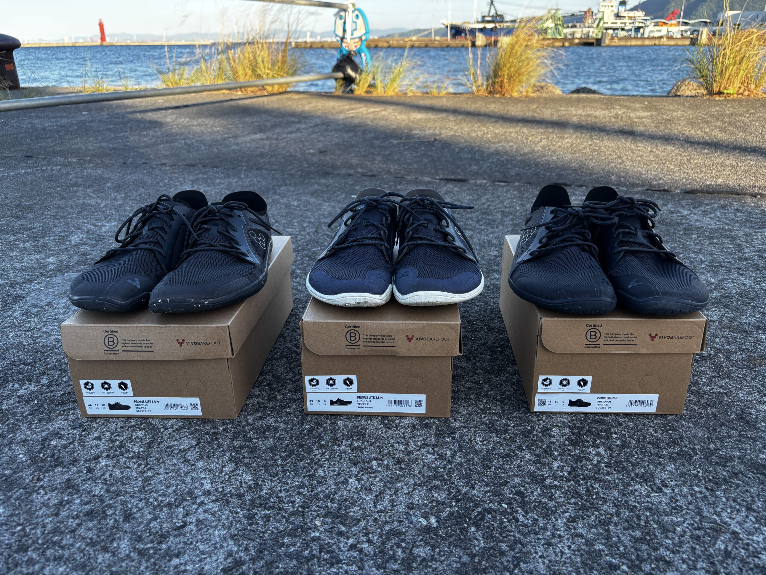 箱の上に正面から並べたVIVOBAREFOOT3足