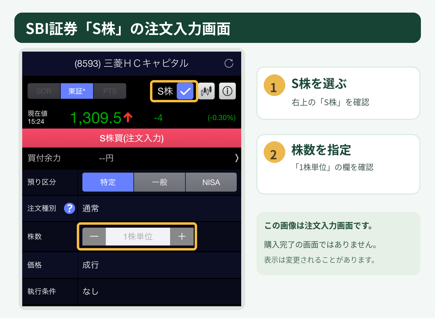 SBI証券でS株を1株から注文する画面